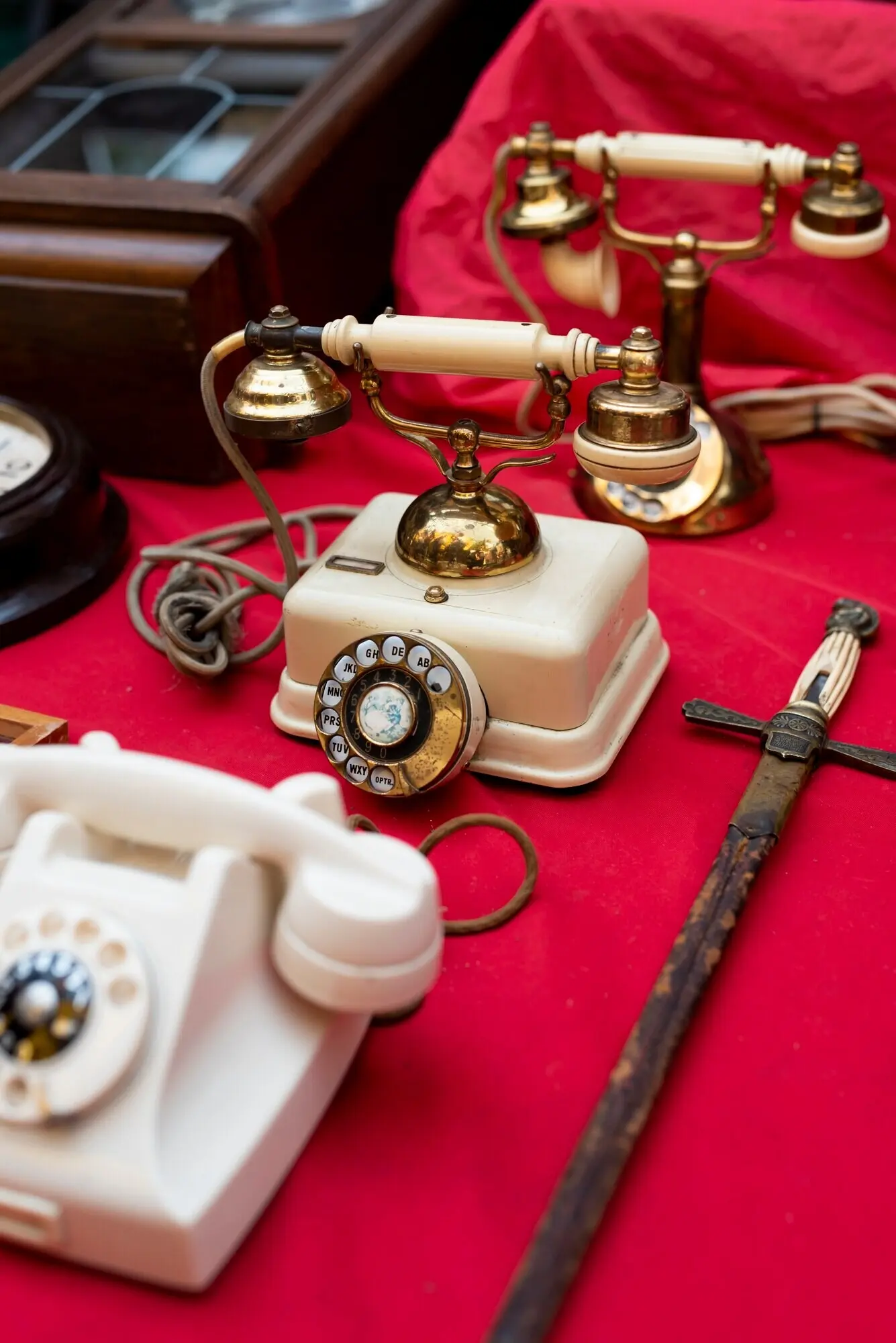 High-angle view of telephones at a secondhand market